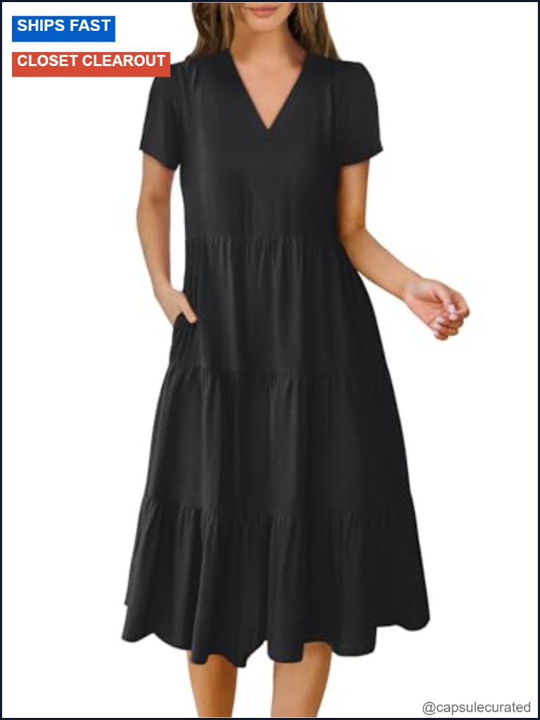 Women's Casual V-Neck Short Sleeve Midi Tiered A-Line Flowy Summer Dress